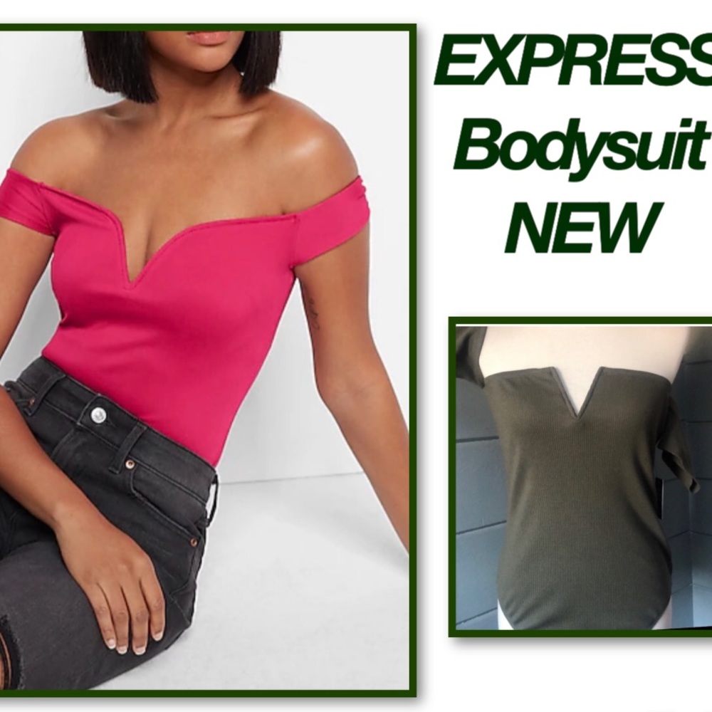 EXPRESS bodysuit, V-wire & ribbed, on or off shoulder, snap closure. NEW tags - Picture 6 of 13